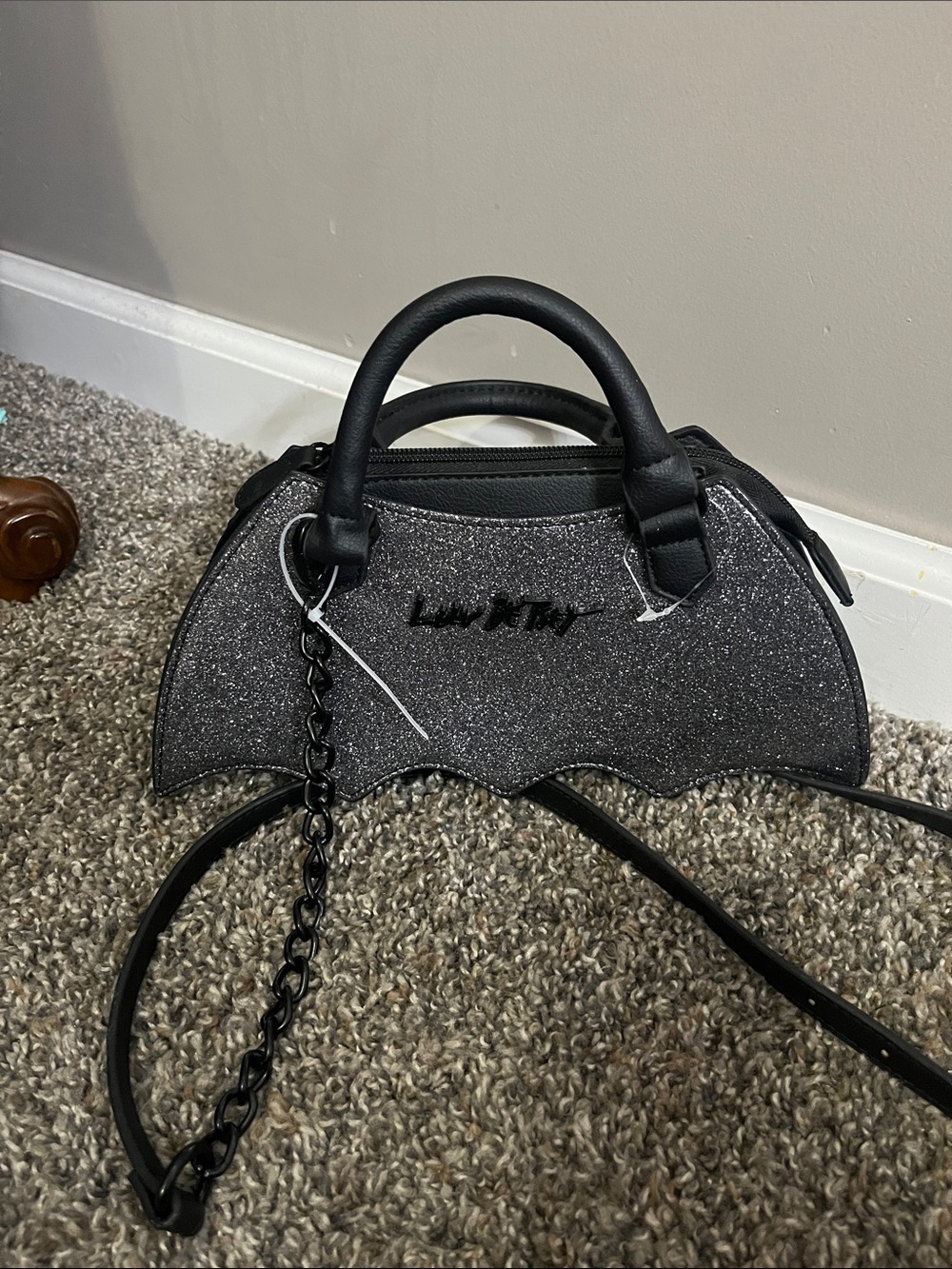 Betsey Johnson Black Glitter Batwing Mini Top-Handle Crossbody